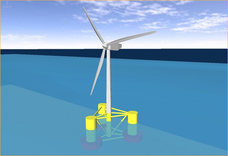 A computer model of an offshore wind turbine supported by a semi-submerged triangular structure