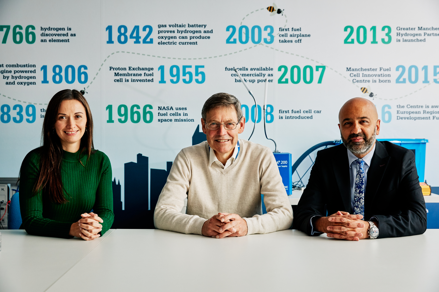 Manchester Fuel Cell Innovation Centre's Dr Justyna Kulczyk-Malecka, post-doctoral research associate; Dr Ian Madley, reader, and director Amer Gaffar
