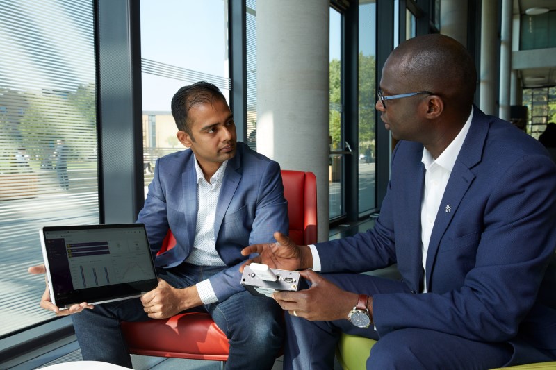 Vijay Natarajan, co-founder and Chief Operating Office of Qbots Energy, with Bamidele Adebisi, Professor in Intelligent Infrastructure Systems