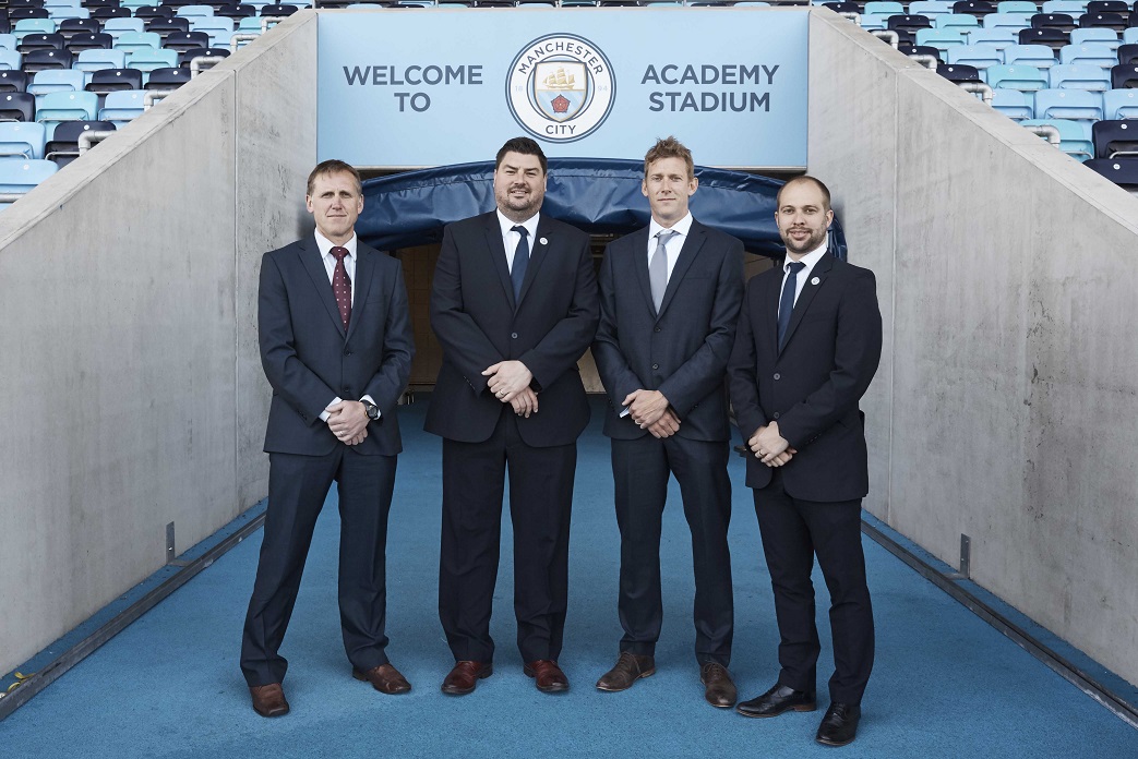 Dr Adrian Burden, Associate Head for Exercise and Sport Science, Manchester Metropolitan University; Marc Cahill, Senior Operations Manager, City in the Community; Dr John Daniels, Programme Leader, Manchester Metropolitan University, and Mike Green, Head