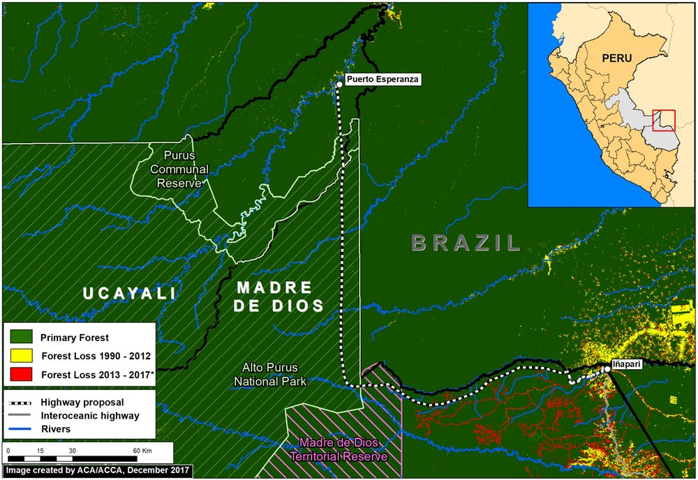 The proposed road crosses primary forest (dark green) inside three protected areas and indigenous reserves, the Madre de Dios Territorial Reserve, the Alto Purús National Park and the Purús Communal Reserve