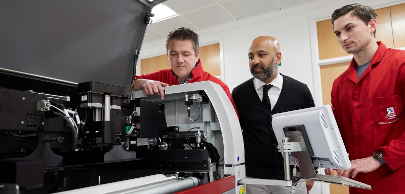 Craig Banks, Professor in Electrochemical and Nanotechnology and team leader, left; Amer Gaffar, Director of Partnerships of Manchester Fuel Cell Innovation Centre, centre; Dr Samuel Rowley-Neale, research associate, right 