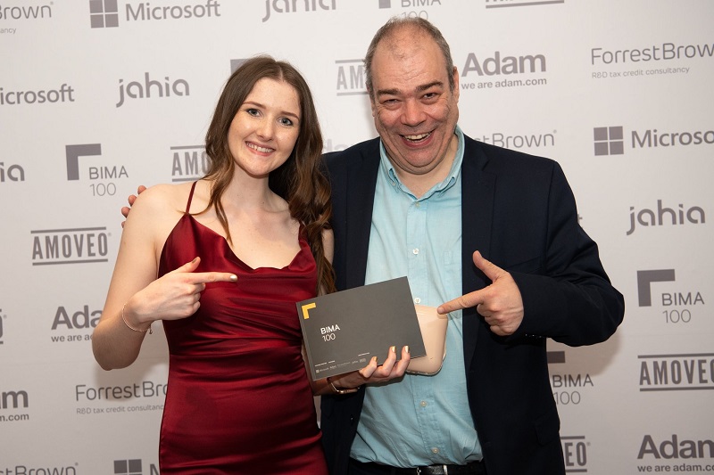 MSc Industrial Digitalisation student Elen Parry, one of the BIMA100 top digital influencers, with the University's Head of Digital Innovation, Paul Bason