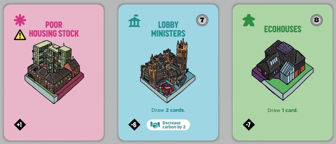 A selection of cards from Carbon City Zero, a climate change-themed card game designed by Manchester Metropolitan University academics in collaboration with 10:10 Climate Action charity