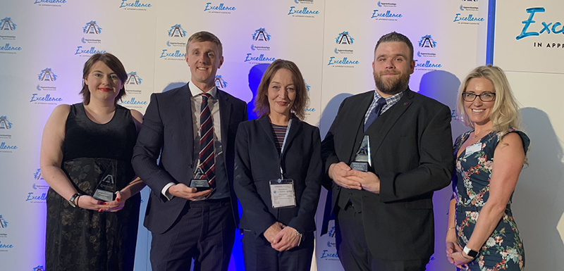 Left to right: Sarah Herdan (apprentice), Howard Jackson (apprentice), Joanne Carney (Business Development Manager), Aaron Oreschnik (apprentice) and Sara-Nicola Barron (Skills and Development Lead)