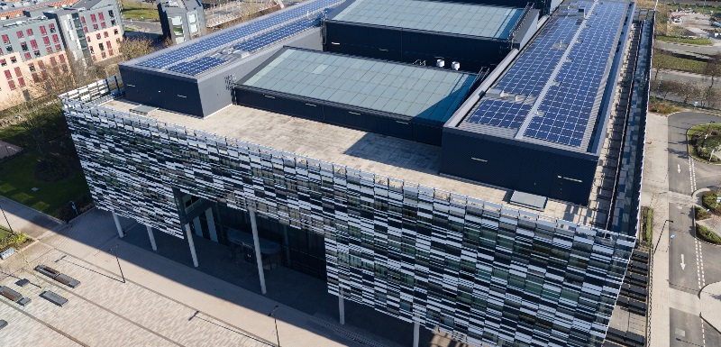 Solar panels on Brooks Building at Manchester Metropolitan University's Birley Campus, installed as part of the Triangulum smart cities demonstrator project