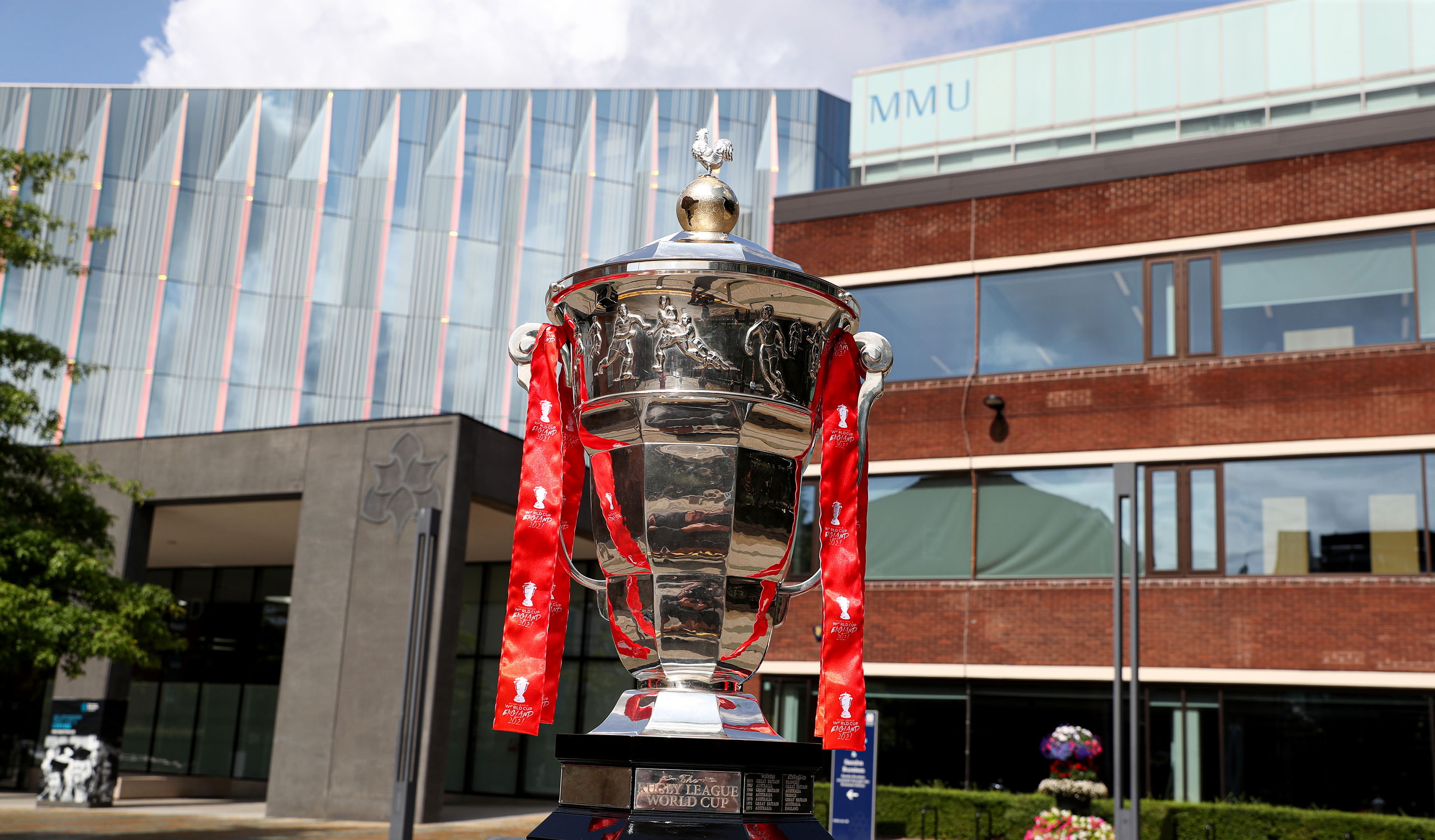 The Rugby League World Cup trophy at Manchester Metropolitan