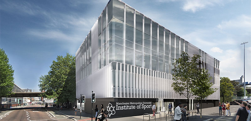 An impression of the entrance of the new Department of Sport and Exercise Sciences building,  the cornerstone of the Manchester Metropolitan University Institute of Sport