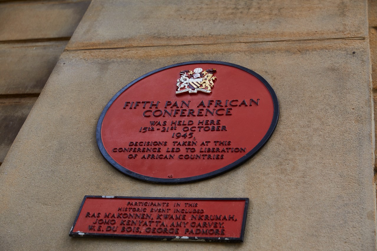 A plaque on the Arts and Humanities Building marking the influential 5th Pan-African Congress being held in 1945