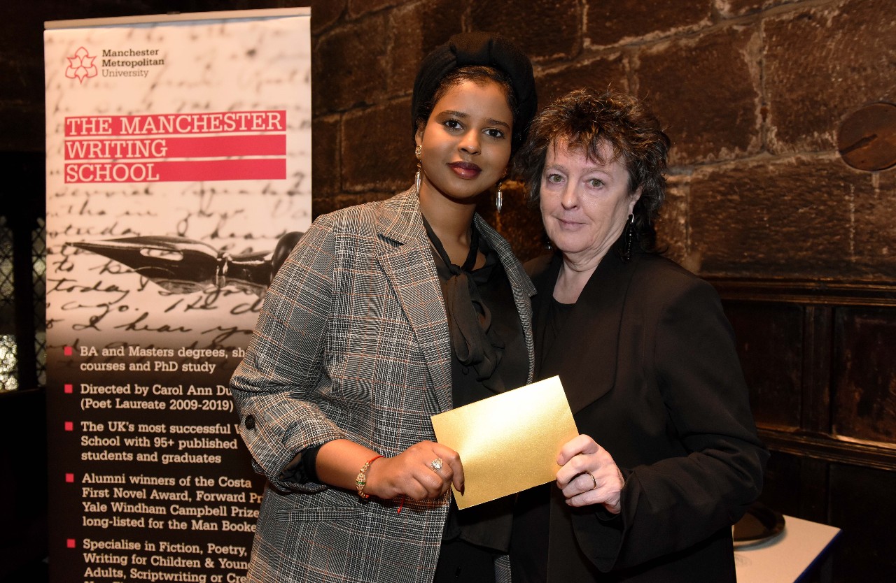 2019 Manchester Poetry Prize winner Momtaza Mehri with Carol Ann Duffy
