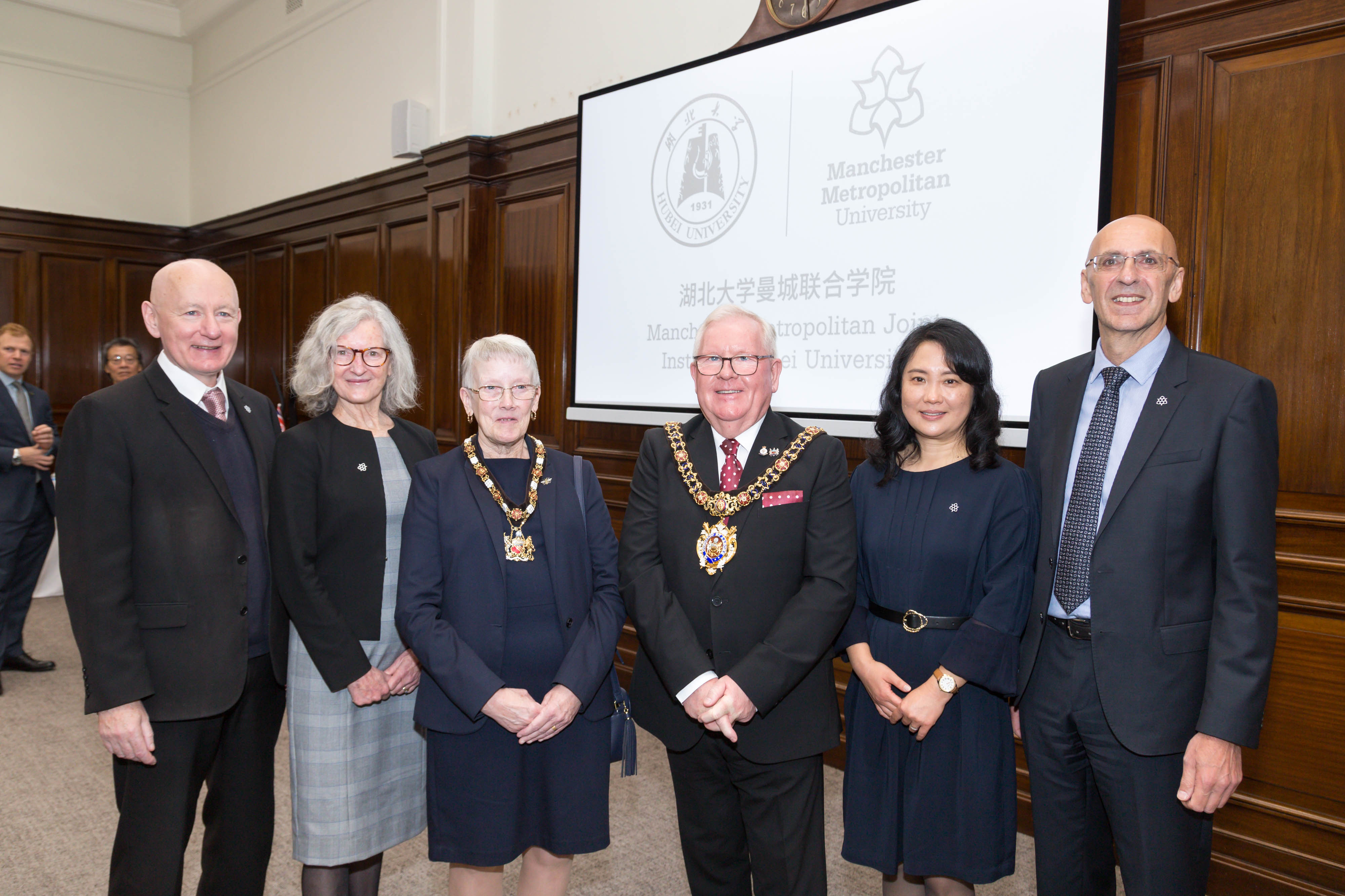 Prof Andy Gibson and Prof Jenny Watling, from Manchester Met; Lady Mayoress and Lord Mayor of Manchester; Dr Hong Li from Manchester Metropolitan Joint Institute, Hubei University; and Manchester Met Vice-Chancellor Professor Malcolm Press