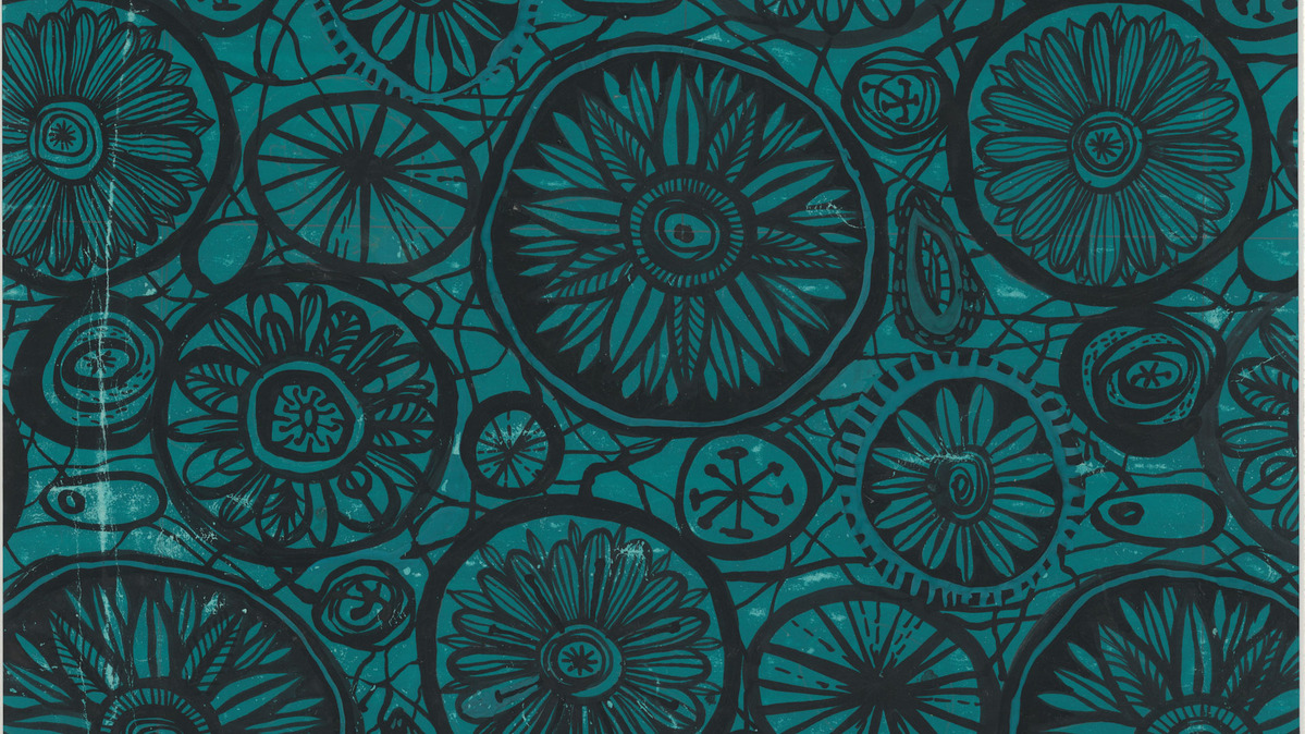design for a textile pattern drawn in black paint on a blue background featuring flowers and seed heads