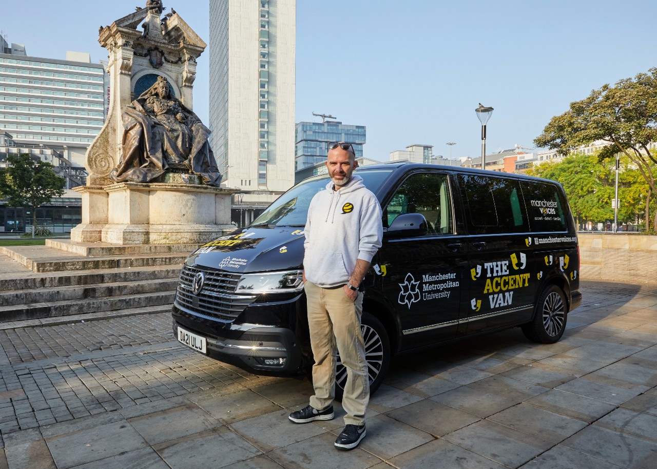 Dr Rob Drummond with the Accent Van during the Manchester Voices research project