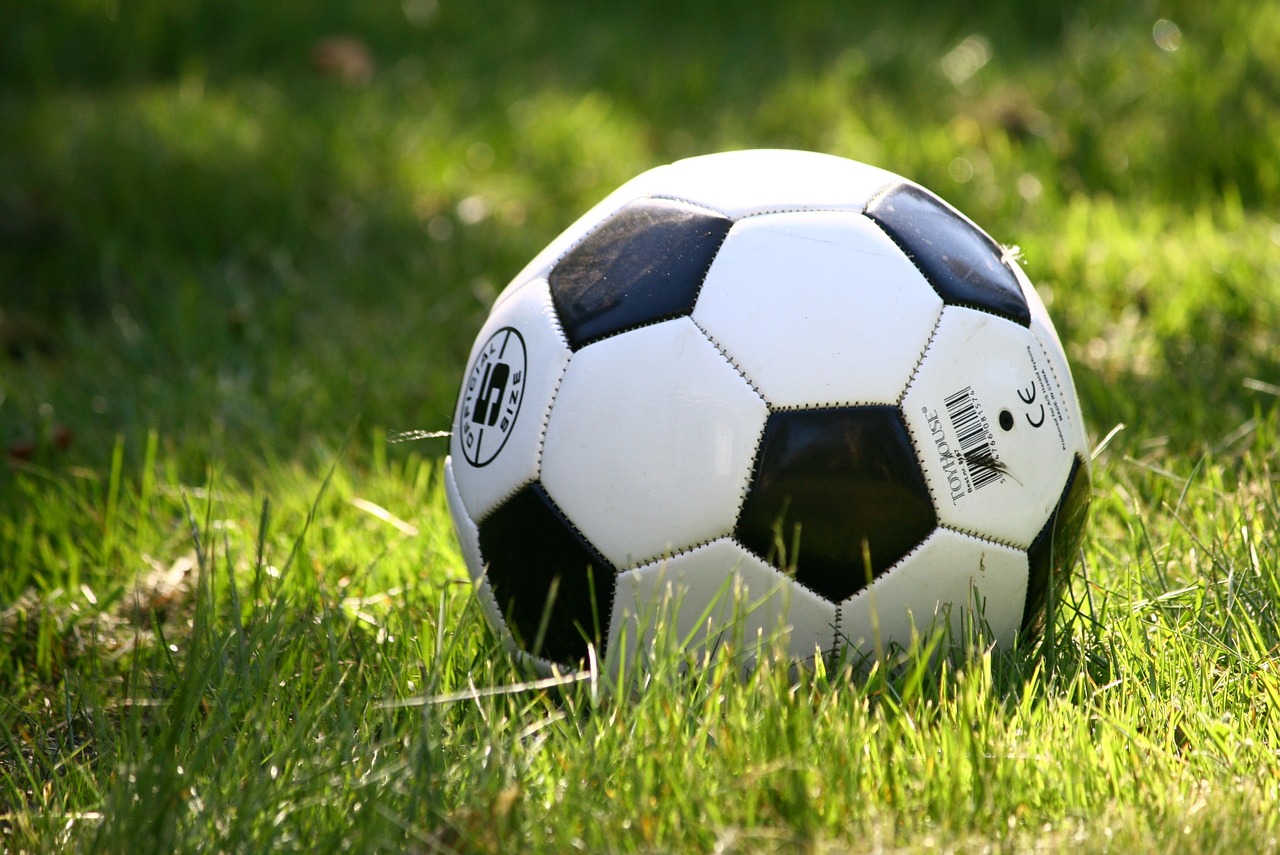 A black and white football on grass