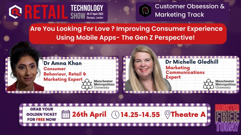 A red and purple advertisement for a presentation about mobile apps with the presentation title and photos of two female researchers