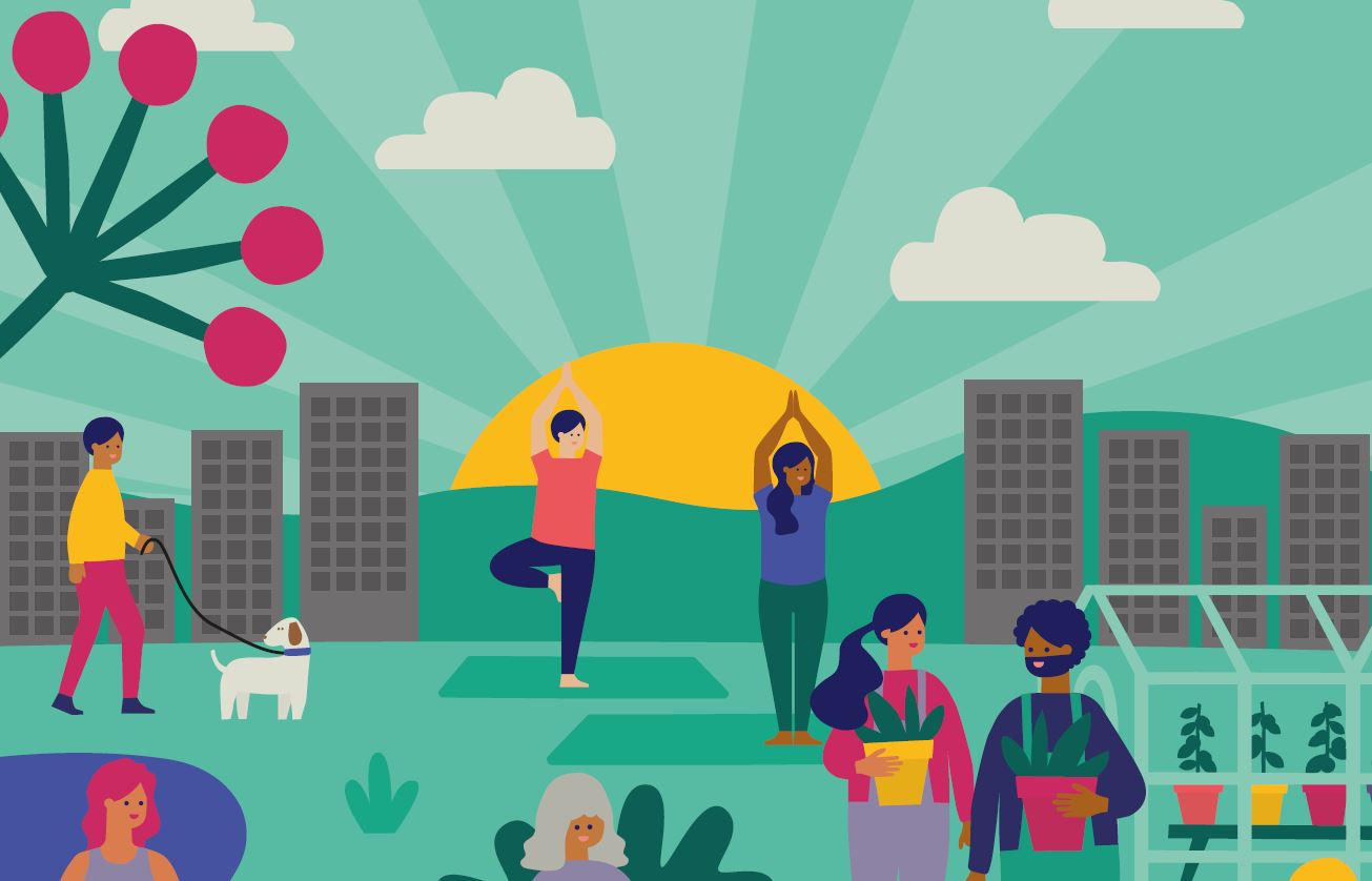 an illustration of people in the park doing activities that boots their wellbeing: yoga, walking, gardening.