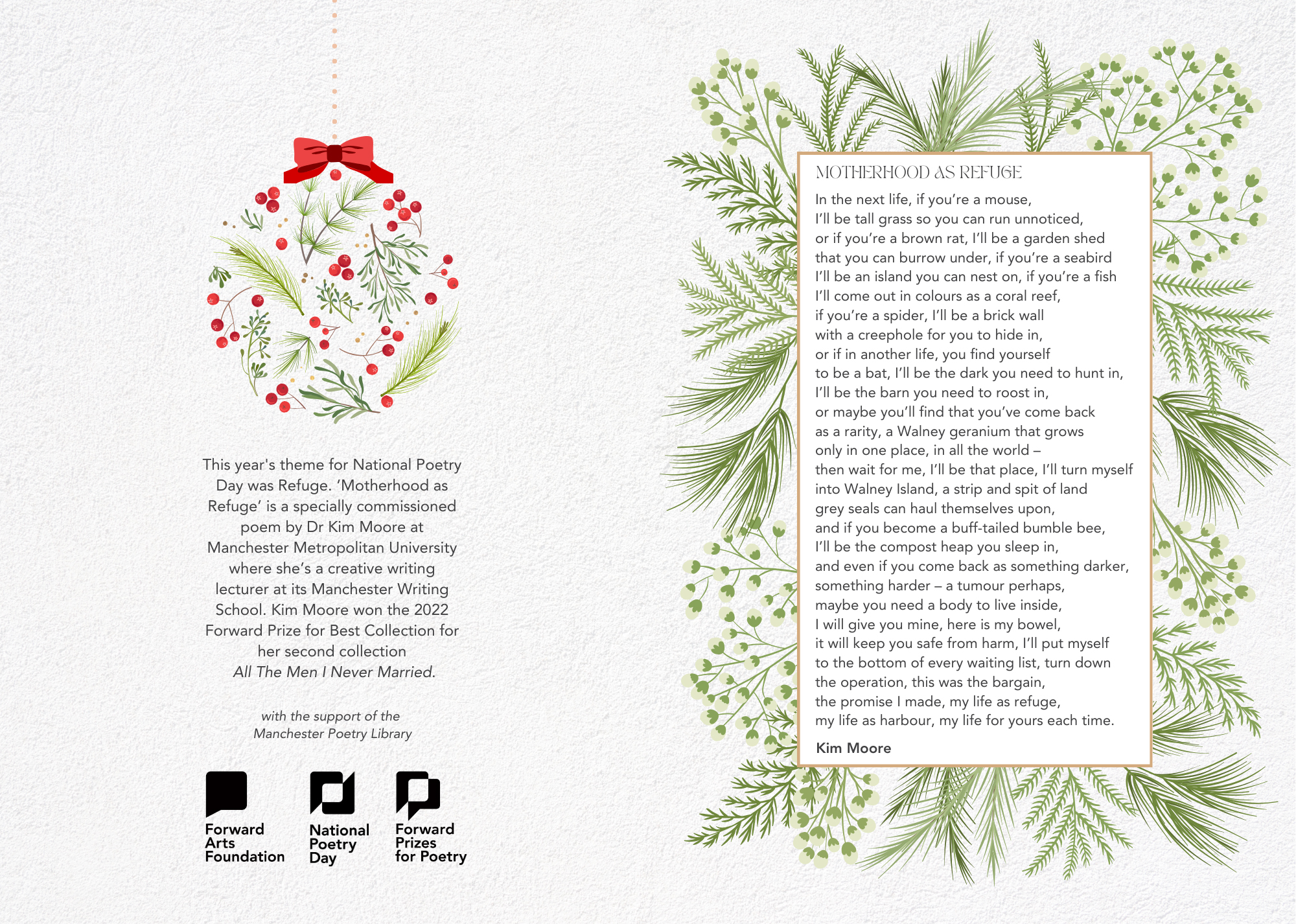 Dr Kim Moore's poem on Forward Arts Foundation's Christmas card.