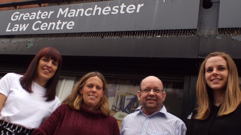 Emma Goodwin, Pro Bono Director at Manchester Law School at Manchester Metropolitan University; student Samantha Mayer; Greater Manchester Law Centre supervising caseworker Giles Elliott; student Ciara Bartlam