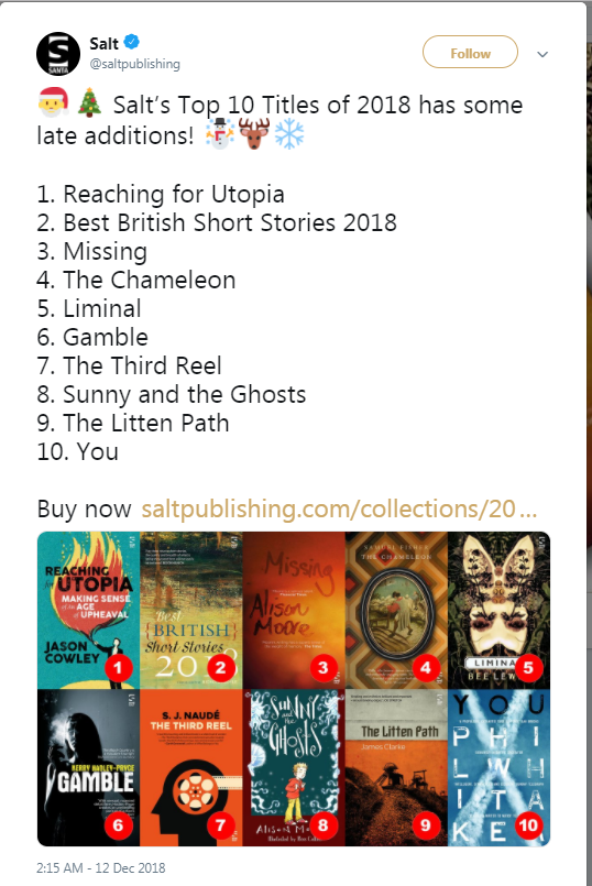 Salt tweeted about their list of top ten best selling books of 2018 on twitter