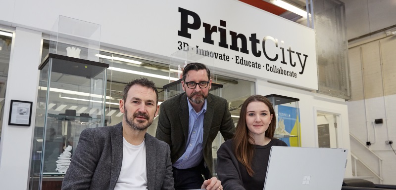 BSc 3D Design student Elen Parry, right, with left, Peter Gough, Senior Lecturer in Digital Innovation, and, centre, Ed Keefe, 3D Print Manager