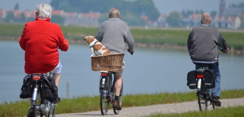 Three older people on pedal bikes cycling alongside a canal