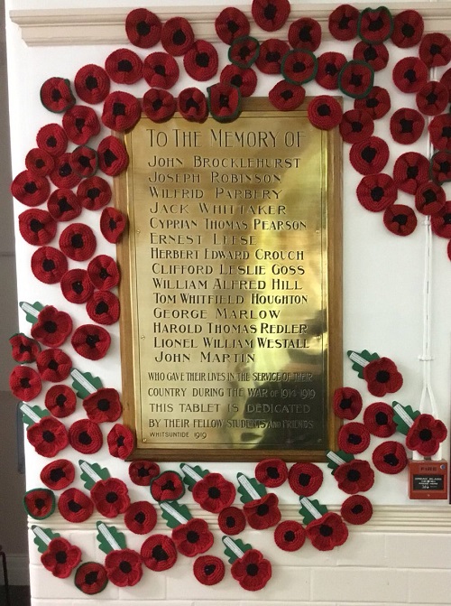 First World War memorial plaque in Delaney building at Manchester Metropolitan's Cheshire campus