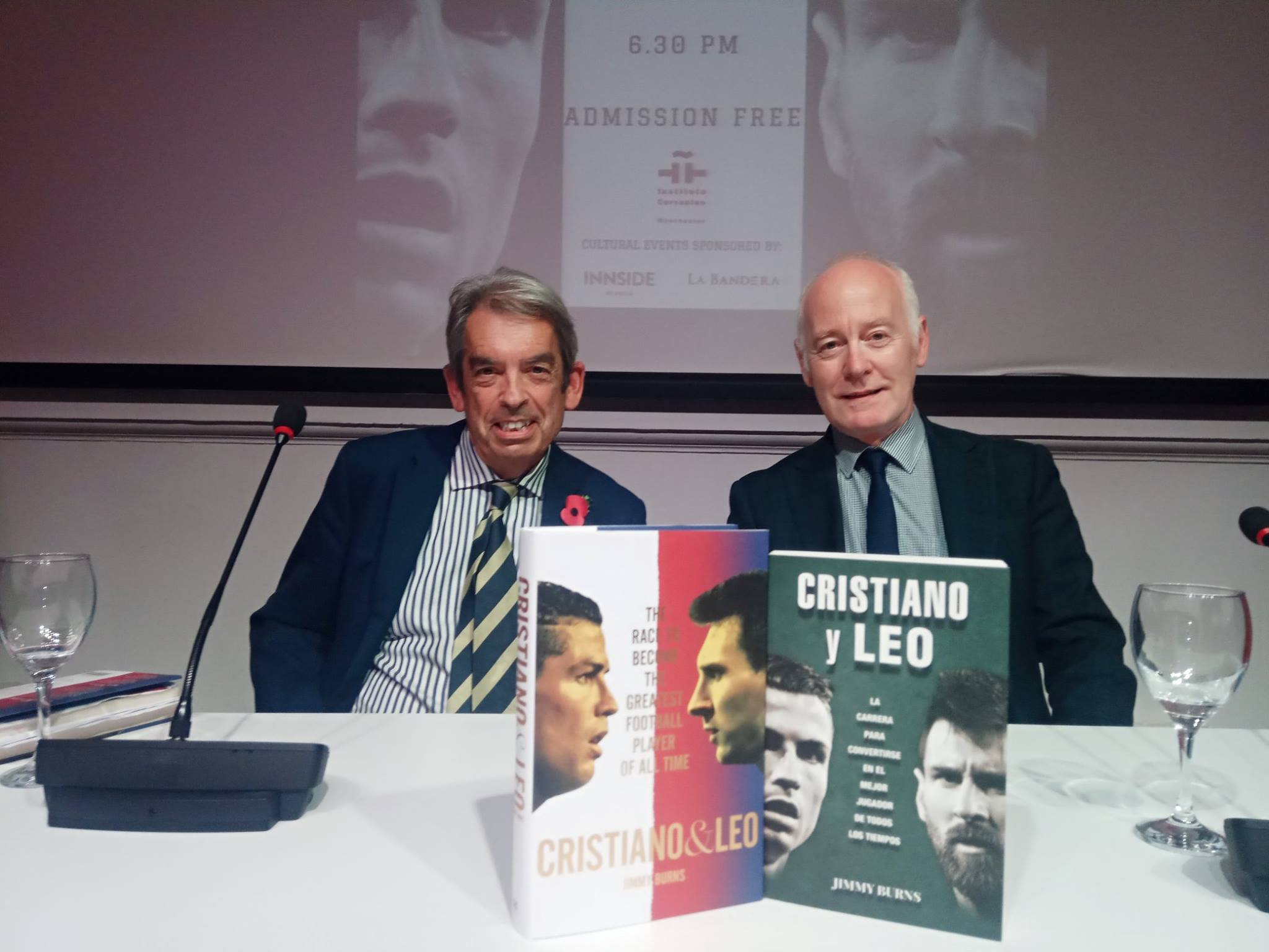 Dr Karl McLaughlin (right)  chaired the launch of a new book by Spanish-British football expert and author Jimmy Burns.