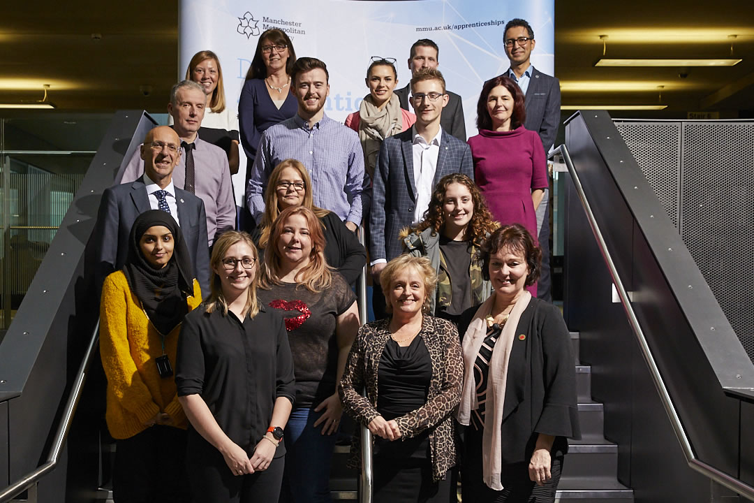 Heather Lord (front left) with the new cohort of apprentices at Manchester Metropolitan