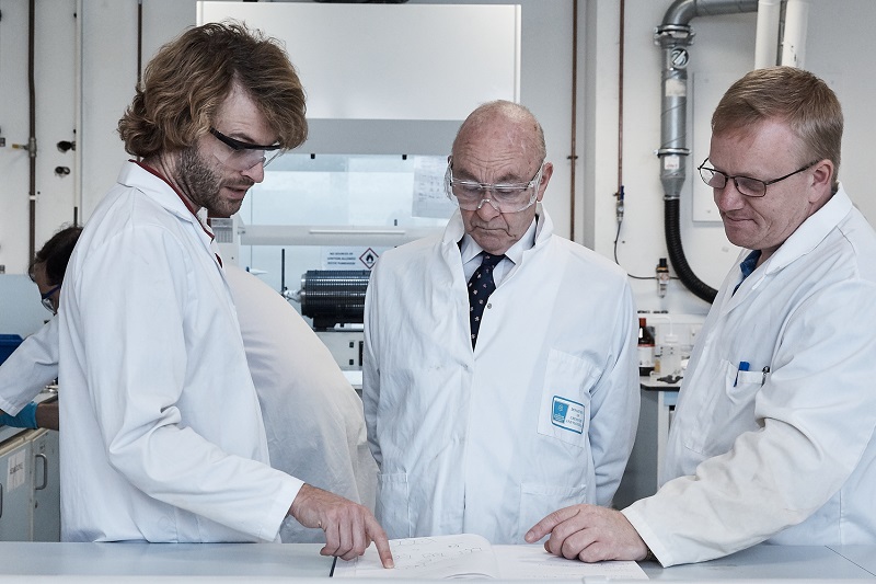 Dr David Megson, Senior Lecturer in Chemistry and Environmental Forensics, left, discusses the results with aviation lawyer and research funder Frank Cannon, centre, and colleague Dr Aidan Doyle, Senior Lecturer, right