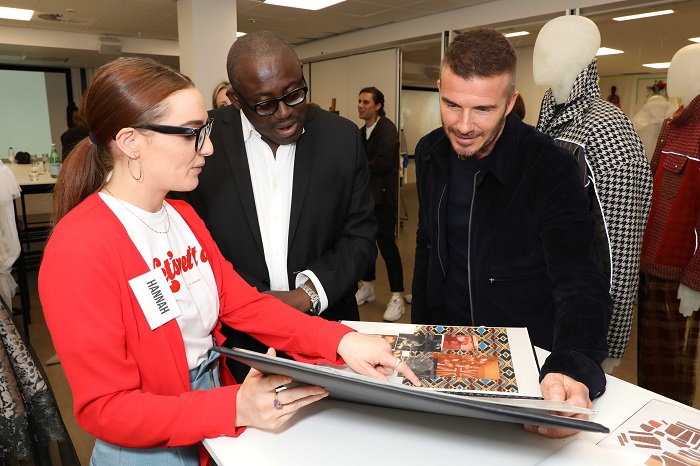 David Beckham and Edward Enninful shown student work by Hannah Bentley (BA Fashion Design and Technology - Menswear) (image: Darren Gerrish and @britishfashioncouncil)